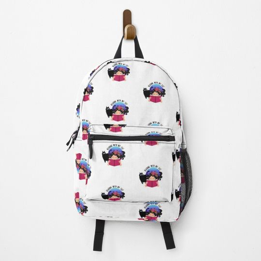 Discover Reading with my cat, cute black cat against sunset Backpack