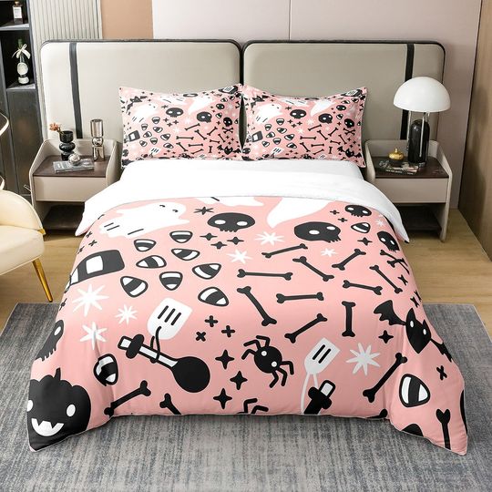 Discover Halloween 100% Cotton Duvet Cover, Mystic Skull Ghost Pumpkin Bedding Set