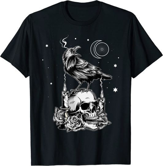 Discover Black Crow Raven Skull Viking Norse Occult Gothic T-Shirt, Halloween T-Shirt, Spooky T-Shirt