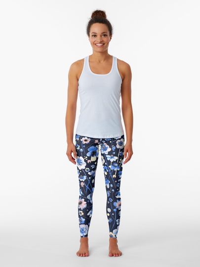 Discover Soft wildflowers painted with ink and watercolor - pastel blue | Leggings