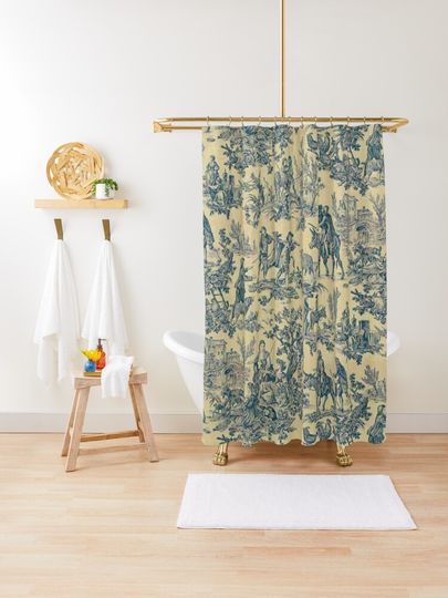 Discover Toile de Jouy - blue and yellow | Shower Curtain