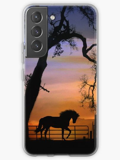 Discover Beautiful Horse and Fence with Oak Tree Sunrise Silhouette | Samsung Galaxy Phone Case