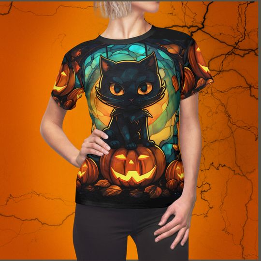 Discover Halloween Stained Glass Black Cat Pumpkin T-Shirt
