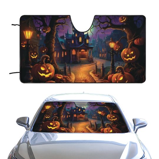 Discover Halloween pumpkin car sunshade, dark horror road car windshield