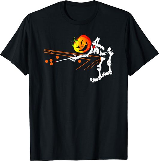 Discover Billards Skeleton Playing Pool Pumpkin Face Happy Halloween T-Shirt
