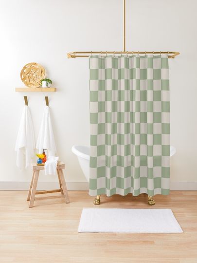 Discover Checkerboard Check Checkered Pattern in Sage Green and Beige | Shower Curtain