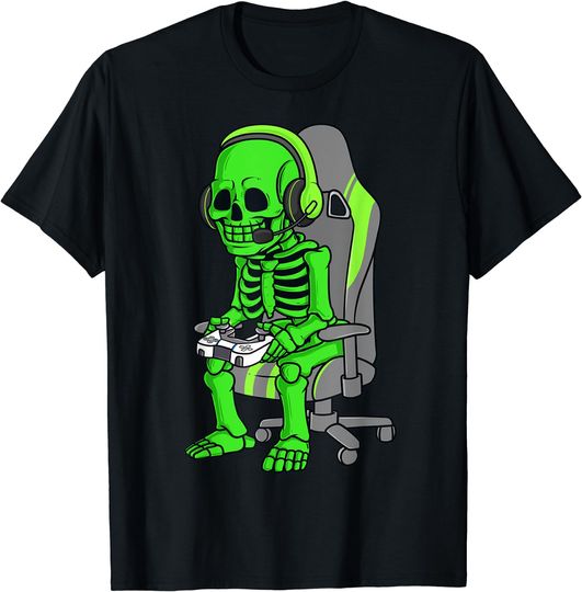 Discover Gaming Halloween Skeleton Scary Gamer Funny Boys Kids T-Shirt