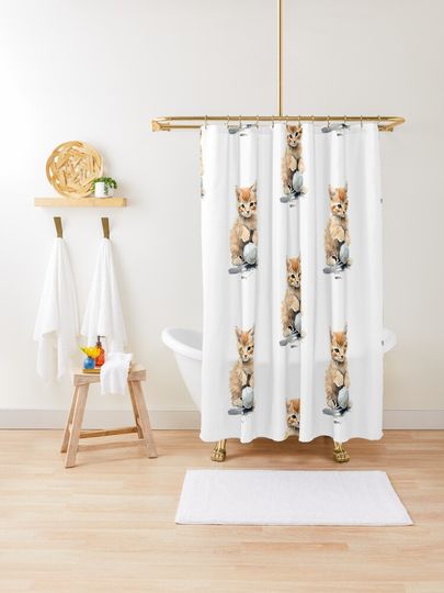Discover Kitten Playing with String Water Color Art | Shower Curtain