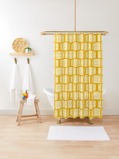 Discover Mod Links Midcentury Modern Geometric Pattern in Mustard Ochre Yellow and White | Shower Curtain