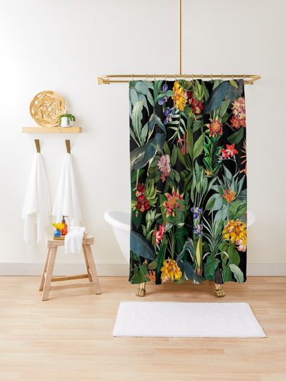 Discover Vintage Pattern - Blue heron and tropical flowers Botanical Night Garden | Shower Curtain