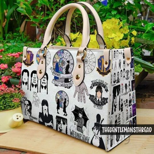 Discover Wednesday Leather Handbag, Halloween Pattern Leather Bag