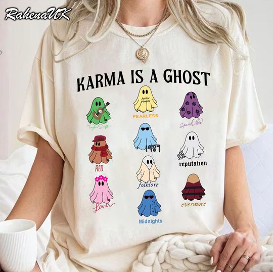 Discover Karma Is A Ghost Shirt, Eras Ghost Shirt, Midnights Tee, Me And Karma Vibe Like That Shirt
