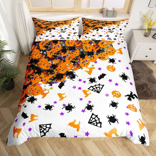 Discover Happy Halloween Duvet Cover for Kids Teens, Cartoon Pumpkin Bat Spider Bedding Set