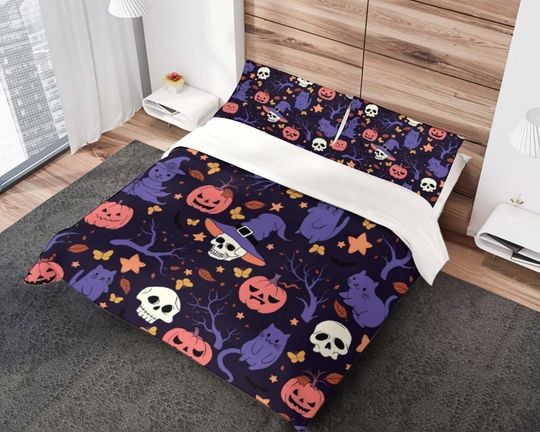 Discover Purple Spooky Halloween Printed Duvet Cover | Cute Kawaii Gothic Punk Bedding Set
