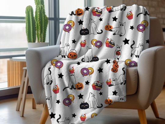 Discover Halloween Ghost Cat Blanket, Halloween Pumpkin Black Cat Throw Blanket