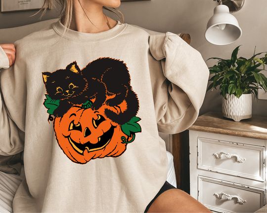 Discover Pumpkin and Black Cat Halloween Sweatshirt