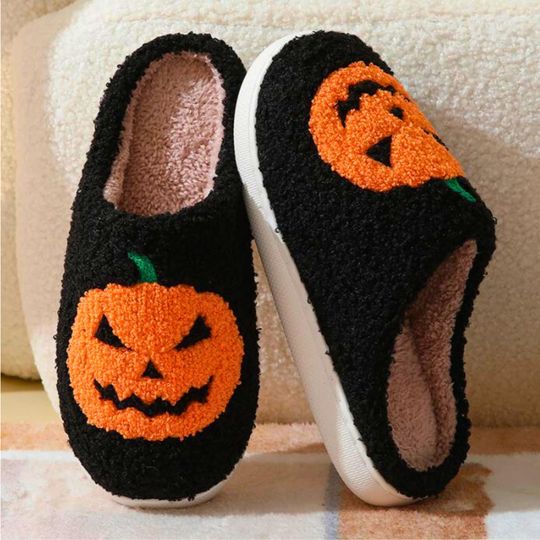 Discover Black Halloween Pumpkin Slipper Fluffy, Jack O Lantern Slipper