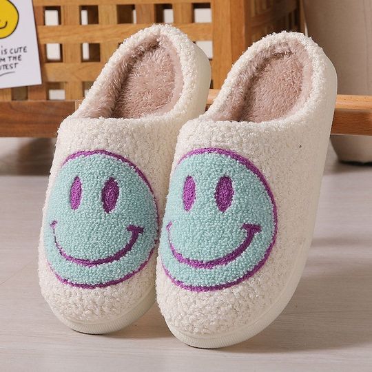 Discover Smile Face Slippers With 1 Pairs Socks Fluffy Cushion Slides Sole