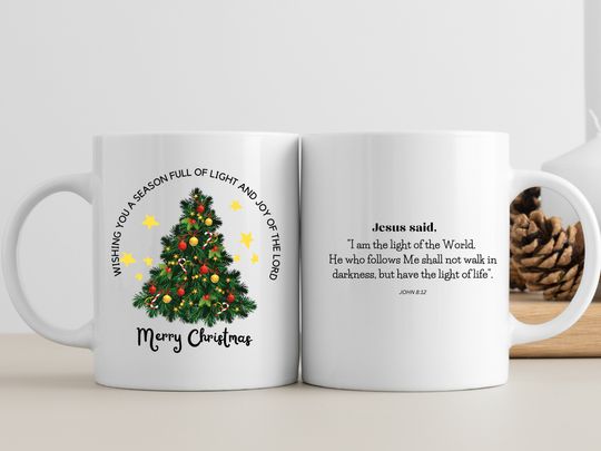 Discover Christmas Tree Coffee Mug.  Holiday Christian Hot Coccoa Mug. Jesus the Light Christmas Tree Mug