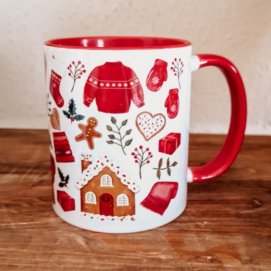 Discover Christmas Cosy Mug, Gingerbread House, Blankets, Hot Chocolate, Red Christmas Mug