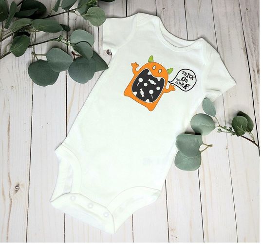 Discover Trick or treat monster bodysuit, Halloween candy onesie, trick or treat baby