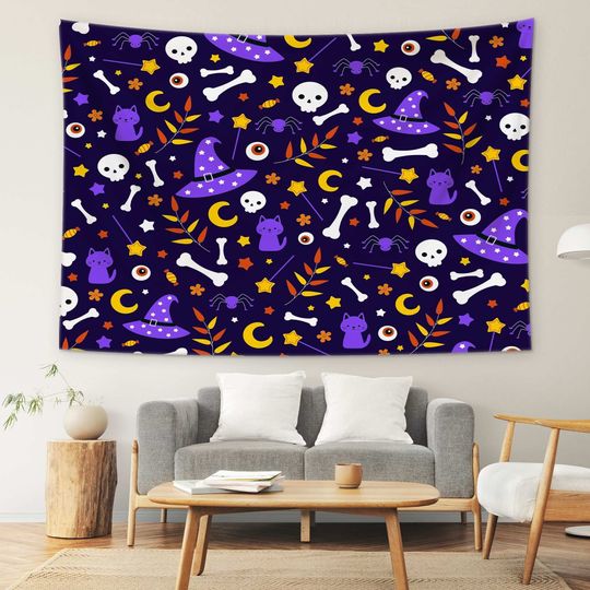 Discover Skull Floral Funny Tapestry,Witch Hat Cat Cartoon Print Tapestry,Bohemian Repeated Tapestry