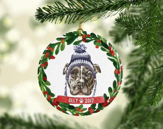 Discover Personalized Ceramic Ornament Grey Pitbull Dog Ornament, Dog Lover Ornament