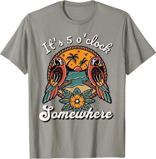 Discover It's 5 O’clock Somewhere Parrot Summer Beach Sunset Drinking T-Shirt