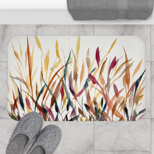 Discover Harvest Grasses Bath Mat |  Autumn Earth Tones Watercolor