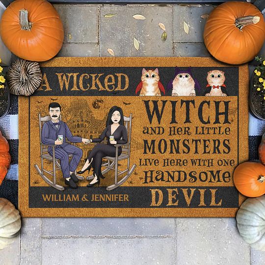 Discover A Wicked Witch And Her Little Monsters Live Here With One Handsome Devil - Personalized Decorative Mat -