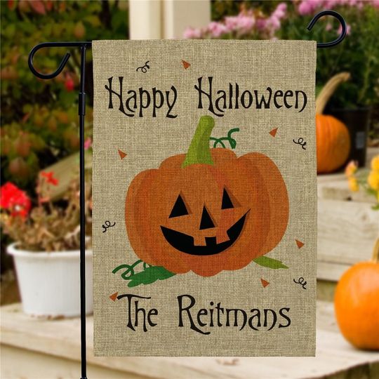 Discover Personalized Happy Halloween Burlap Garden Flag, Custom Halloween Decor, Jack O Lantern