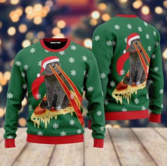 Discover Pizza Cat With Laser Eyes Christmas Sweater 3D All Over Print
