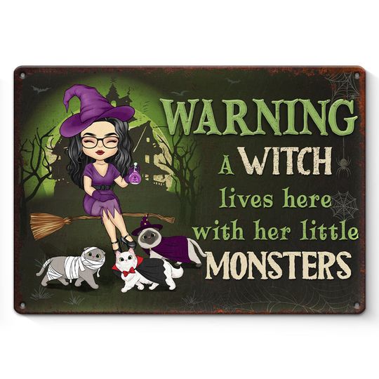 Discover A Witch Lives Here With Her Little Monster - Cat Personalized Custom Home Decor Witch Metal Sign