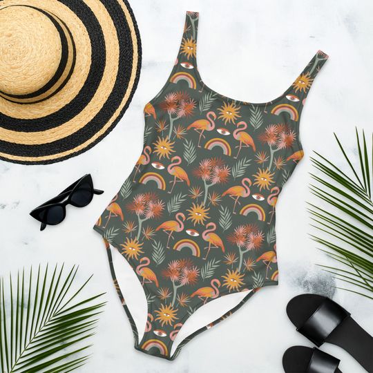Discover Boho Tropical One-Piece Swimsuit, Hippie Groovy Tropical Swimming Suit