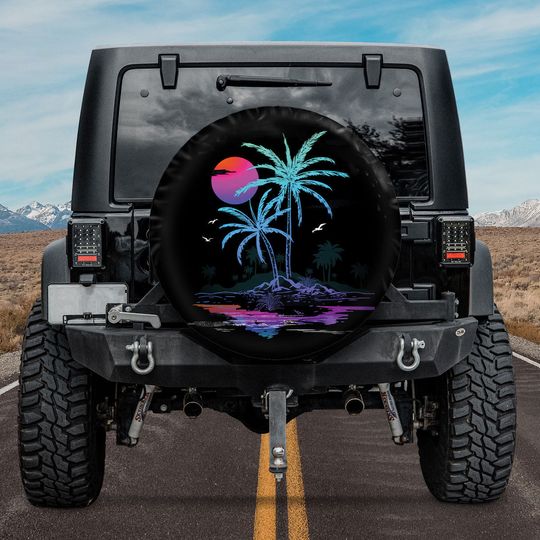 Discover Palm Trees And Moon Spare Tire Cover, Gift For Truck Lover, Car Accessories, Personalized Tire Coverr