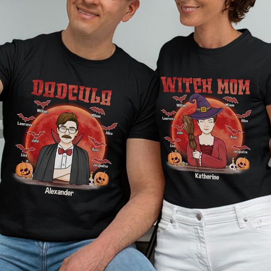 Discover Halloween Dadcula And Witch Mom - Personalized Matching Couple T-Shirt
