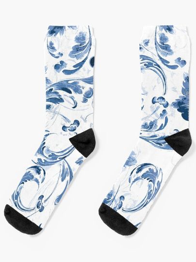 Discover blue pattern, leaves, ivy, floral, vintage, boho, ethnic | Socks
