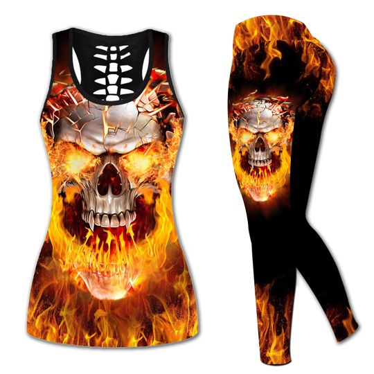 Discover Skull Gothic Flame Leggings And Hollow Tank Top Set