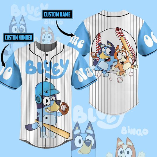 Discover Personalized BlueyDad Cartoon Baseball Jersey, Blue Dog Play Baseball