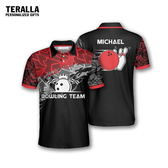 Discover Personalized Red Grey Abstract Pattern Bowling Polo Shirt