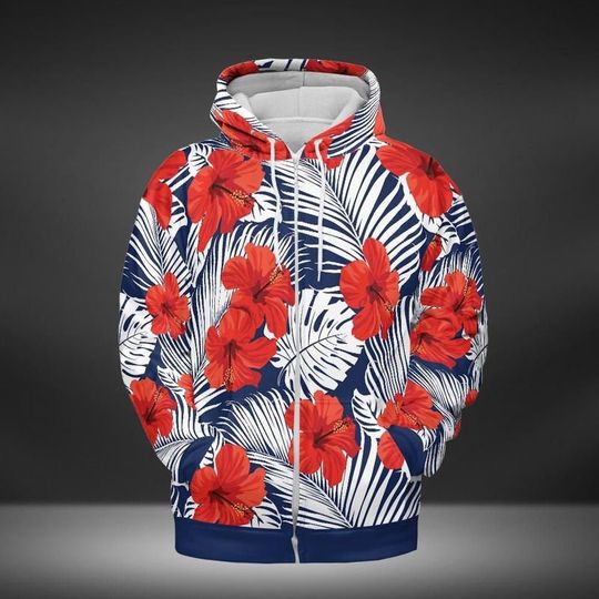 Discover Tropical Flowers And Palm Leaves 3D Fleece Zip Hoodie