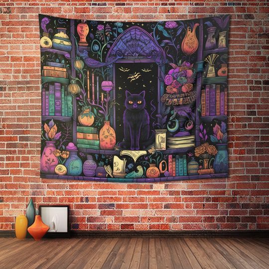 Discover Black Cat Library Wall Tapestry: Dark Cottagecore
