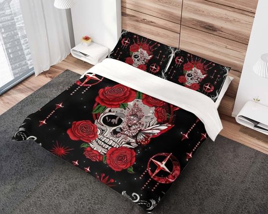 Discover Pink Rose Skull Print 3 Piece Bedding Set