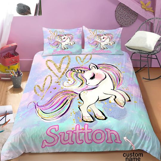 Discover Personalized Cute Unicorn Bedding Duvet Cover Pillowcase Set, Unicorn Bedding Set