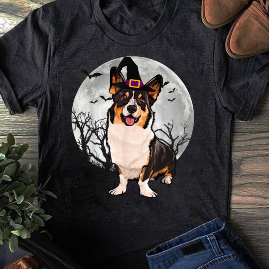 Discover Scary Cardigan Welsh Corgi Dog Witch Hat Halloween T-Shirt - Gift for Dog Lovers
