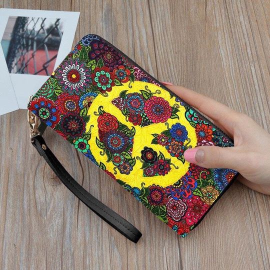 Discover Hippie Floral Peace Leather Wallet, Wallet, Zipper wallet