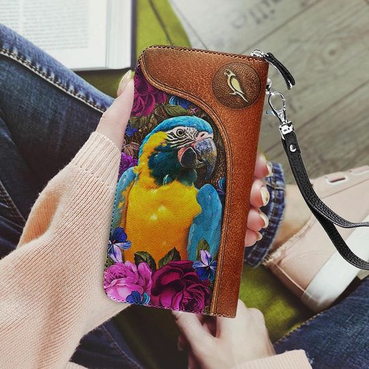 Discover Blue Throat Macaw Leather Zipper Wallet
