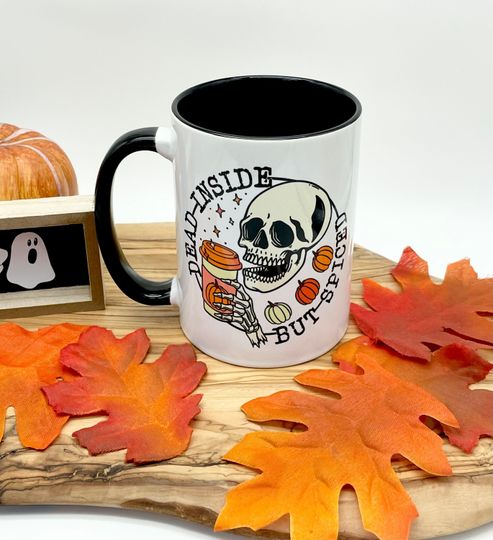 Discover 15oz Funny Fall Mug, Large Coffee Mug, Pumpkin Spice Cup, Ceramic Drinkware, Halloween Skeleton