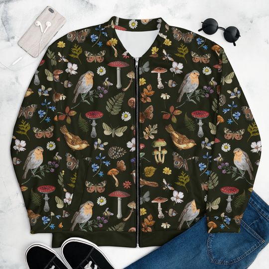 Discover Bomber Jacket with Forest Birds Vintage Butterflies