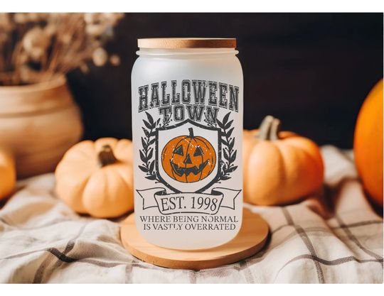 Discover Halloween Town Frosted Libbey Glass Can | Halloween Spooky Libbey Beer Can Glass | Iced Coffee Glass Can